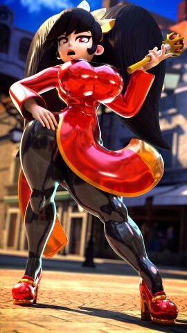 3d ashley_(warioware) black_hair breasts female high_heels huge_breasts kabalmystic_(style) latex latex_clothing latex_thighhighs older palisal twintails warioware