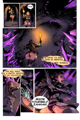 1girls adventurer armor ass big_ass big_breasts breasts brown_hair comic dialogue dragon fantasy female from_below heroine light_skin original_character owusyr revealing_clothes screaming sword text text_bubble thick_thighs thong torch wide_hips