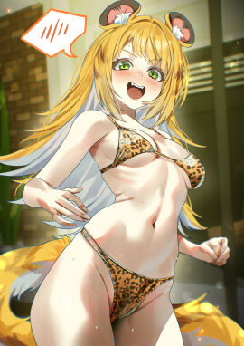 1girls animal_ears bikini blonde_hair breasts cat_girl catgirl embarrassed female green_eyes joacy ju_fufu ju_fufu_(zenless_zone_zero) looking_at_viewer multicolored_hair open_mouth petite small_breasts swimsuit tail tiger_ears tiger_girl tiger_tail white_hair zenless_zone_zero