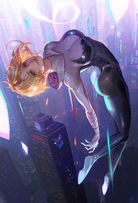 arched_back ass black_bodysuit blonde_hair blue_eyes bodysuit breasts building city cityscape cleavage commentary english_commentary eyebrow_piercing fan_yang female grin gwen_stacy highres hood hooded_bodysuit large_breasts looking_at_viewer marvel marvel_comics multicolored_bodysuit multicolored_clothes print_bodysuit red_bodysuit shaved_side short_hair skin_tight skyscraper smile solo spider-gwen spider-man:_across_the_spider-verse spider-man_(series) spider-verse superhero_costume white_bodysuit