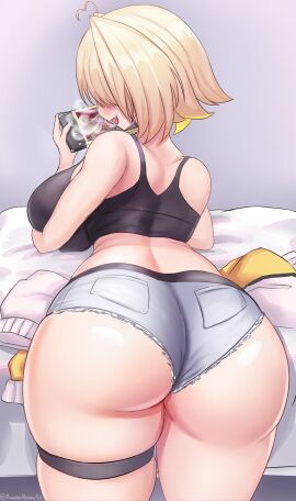 1girls ahoge ass ass_focus blonde_hair blush booty_shorts breasts cute_fang elegg_(nikke) female female_only fully_clothed goddess_of_victory:_nikke hair_over_eyes jean_shorts large_breasts lying lying_on_bed lying_on_stomach open_mouth short_shorts shorts steamy_breath thick_thighs