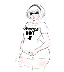 2d 2d_(artwork) beauty_mark english english_text female franktonius mole mole_under_mouth nier nier:_automata nier_(series) shirt t-shirt text text_on_clothing text_on_topwear thick_thighs thighhighs tshirt yorha_2b