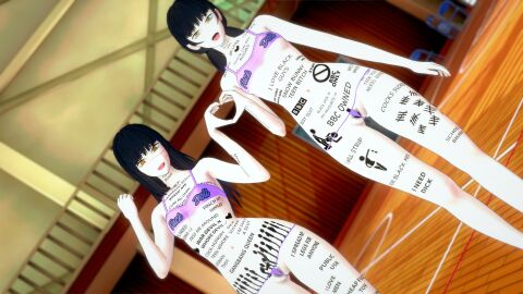 3d 3d_(artwork) anime anime_style body_markings body_writing chainsaw_man cute dark_hair female goldieecchi heart_hands koikatsu koikatsu! koikatu long_hair looking_at_viewer mitaka_asa schoolgirl self_upload tally_marks teenager