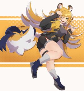 :3 animal_ear_fluff animal_ears ass black_gloves black_shorts blonde_hair blue_ribbon blush cropped_jacket elbow_gloves female fingerless_gloves fluff from_side gloves green_eyes half_updo high-waist_shorts huge_ass jacket ju_fufu ju_fufu_(zenless_zone_zero) jumping legs_together long_hair looking_at_viewer looking_back nade_arts nail_polish oerba_yun_fang one_eye_closed open_mouth orange_hair paw_pose ribbon shoes short_shorts short_sleeves shorts simple_background skindentation smile socks solo standing striped_hair tail tail_ornament tail_ribbon thick_thighs thigh_strap thighs tiger_ears tiger_girl tiger_stripes tiger_tail white_background wide_hips yellow_jacket zenless_zone_zero zzz