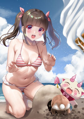 absurdres akihiro0920 bikini blue_sky blunt_bangs breasts brown_hair cloud commentary_request day female food frilled_bikini frills highres ice_cream kneeling long_hair medium_breasts open_mouth original outdoors rabbit red_eyes round_teeth sand sky soft_serve striped_bikini striped_clothes swimsuit teeth traditional_youkai trowel twintails upper_teeth
