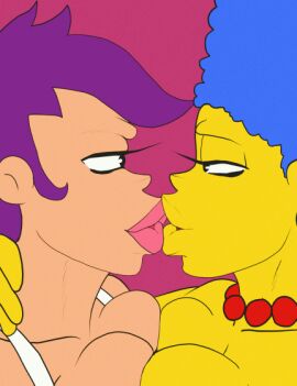 2girls 7:9 animated animated_image big_breasts blue_hair breast_press breasts crossover cyclops cyclops_girl female french_kiss french_kissing futurama gif humanoid interspecies lesbian_kiss magenta_background marge_simpson milf mutant nekomajinsama off_model ponytail purple_hair saliva_on_face saliva_on_tongue saliva_string saliva_trail sloppy_kiss the_simpsons thick_lips tongue tongue_kiss turanga_leela vertical_video yellow_body yellow_skin yuri