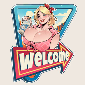 blonde_hair breasts female hairbow massive_breasts milf milk moomoodairy tagme