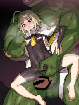 1boy 1girls belly_button blazblue blonde_hair bodysuit breasts clitoral_stimulation clitoris cloak defeated erect_nipples female flushed green_skin gritted_teeth height_difference huge_cock imminent_rape imminent_sex interspecies kinmugieiou lambda-11 large_penis male monster muscular muscular_male nipple_play nipple_stimulation nipple_tweak nipples nipples_visible_through_clothing orc penis pussy questionable_consent red_eyes rubbing_clitoris rubbing_pussy size_difference small_breasts standing standing_sex sweat tearing_clothes toned toned_female toned_stomach torn_clothes