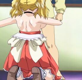 00s 1boy 1girls 2000s 2005 alternate_hairstyle animated ass backboob big_breast big_breasts blonde_hair boin boin_lecture bottomless breast_hold breasts busty clothes_pull female from_behind head_out_of_frame highres huge_breast kneeling legs long_hair male ms_pictures necktie paizuri self_fondle skirt stitched teacher thighs third-party_edit topless tsukushino_mitsugu twintails voluptuous waitress