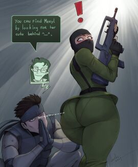1boy 1girls ass ass_focus big_ass big_butt fat_ass female fingerless_gloves fully_clothed gloves gun hal_emmerich high_resolution highres huge_ass huge_butt humor konami large_ass large_butt male mask meryl_silverburgh metal_gear metal_gear_solid pantylines solid_snake tagme thick thick_thighs tight_clothing