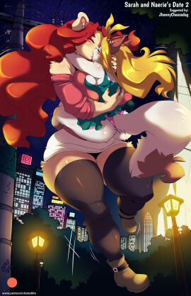 2girls anthro anthro_on_anthro anthro_only ass bear big_breasts blonde_hair blush boots bottomwear breasts brown_body brown_fur brown_tail chalo closed_eyes clothed clothing curvy_figure domestic_cat duo eyebrows felid feline felis female female/female female_only footwear fur hair hi_res huge_breasts interspecies kissing las_lindas legwear long_hair mammal motion_lines multicolored_body multicolored_fur naerie night orange_hair outside panties sarah_silkie shoes skirt stockings sweater tail tan_body tan_fur text thick_thighs thigh_highs topwear two-tone_body two-tone_fur two-tone_tail underwear url voluptuous white_body white_fur white_tail wholesome wide_hips yuri