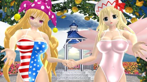2024 2girls 3d american_flag_swimsuit belly_button blonde-haired_female blue_eyes breasts clouds clownpiece fairy fairy_wings female flower_field hati_yukkuri_mmd holding_hands ivory_hair jester_hat lampad legacy_of_lunatic_kingdom light-skinned_female light_skin light_yellow_hair lily_white long-haired_female looking_at_viewer mmd outside perfect_cherry_blossom pink_eyes sky smiling_at_viewer stars_and_stripes swimsuit touhou white_hat wings yellow_hair