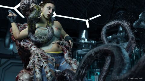 1boy 1girls 2024 3d artist_name breasts brown_hair clothed clothing depth_of_field eroguysensei female fingerless_gloves gloves holding_pistol indoors jeans large_breasts licker_(resident_evil) male monster monster_on_female original original_character prehensile_tongue pussy resident_evil ripped_clothing standing standing_sex teratophilia torn_clothing vaginal_penetration vaginal_sex