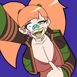 1girls bandage bandage_on_face bandages big_breasts breasts crazy crazy_eyes crazy_female crazy_smile cropped_jacket female kairasin looking_at_viewer multicolored_bandages orange_hair point_of_view pov pulling_clothing pulling_down_shirt rabbit_(kairasin) sharp_teeth short_hair short_jacket teasing teasing_viewer tongue tongue_out twintails