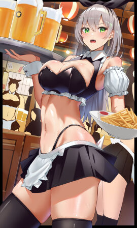 1boy 2girls 3others alcohol ambiguous_gender annoyed annoyed_expression beer beer_mug black_panties black_skirt black_thighhighs blush breasts cleavage cleavage_cutout commentary earrings female female_focus food french_fries fries frills fully_clothed green_eyes haska_(user_gure4787) hi_res highleg_panties highres indoors lantern light-skinned_female light_skin maid maid_uniform male microskirt muscular muscular_male navel open_mouth original original_character panties paper_lantern pleated_skirt restaurant revealing_clothes serving_food serving_tray short_hair short_skirt silver_hair skirt stockings sweat thighhighs thighs waiter waitress wholesome wrist_cuffs