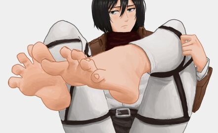 attack_on_titan barefoot big_feet black_hair clothing curvaceous curvaceous_female curvaceous_figure curvy curvy_figure curvy_hips feet feet_focus female female_focus female_only foot_fetish looking_at_viewer mikasa_ackerman payetvore short_hair soles toenails
