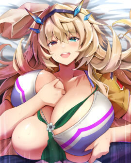 1boy asahi_(fullmetal_madness) bare_shoulders barghest_(gawain)_(fate) barghest_(swimsuit_archer)_(final_ascension)_(fate) barghest_(swimsuit_archer)_(first_ascension)_(fate) bikini blonde_hair blush boy_on_top breasts breasts_squeezed_together cleavage collarbone fate/grand_order fate_(series) female green_eyes grey_hat hat heterochromia horns huge_breasts long_hair looking_at_viewer male multicolored_bikini neckerchief open_mouth paizuri red_eyes shirt short_sleeves smile straddling_paizuri straight swimsuit white_bikini yellow_shirt