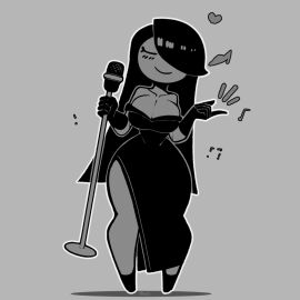 5_fingers animated animated_gif ass_length_hair big_ass big_breasts big_butt black_hair boobs bouncing_boobs bouncing_breasts breasts breath clevage cream_(movailarts) curvy cute dress exposed_shoulders exposed_thigh female gif grey_skin holding_microphone holding_object hourglass_figure long_hair microphone monochrome movailarts music_notes musical_note shoulderless_dress simple_background singing slit_dress snapping_fingers thick_thighs wide_hips