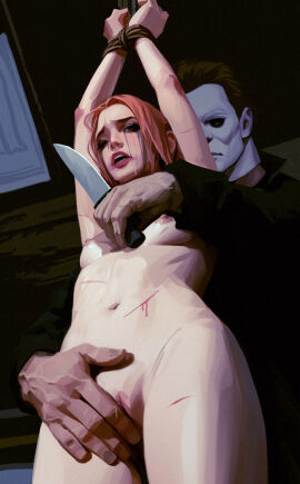 1boy 1girls abuse bondage bound bound_wrists breasts crying crying_with_eyes_open cuts dead_by_daylight dubcon dubious_consent female femaleforced forced_at_knifepoint forced_exposure forced_masturbation forced_presentation halloween_(series) helpless helpless_female horror knife knife_play knife_to_throat knifepoint makeup makeup_running male mascara mascara_smear mascara_tears masturbating_other masturbation michael_myers noncon nonconsensual predator/prey pussy rope rope_bondage slasher small_breasts tied tied_arms tied_hands tied_up tied_wrists touching_pussy vaginal_masturbation voidbringerr vulva_handjob