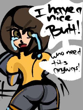 angry ass breast_envy breasts brown_hair bubble_ass crying_female female flat_chested green_eyes mii mii_gunner mii_gunner_(smash_ultimate) mob_face puddinpuddgi pudgi420 simple_background small_breasts super_smash_bros. text_bubble