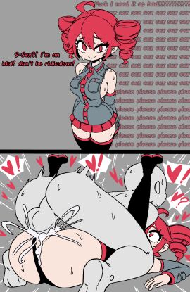 1boy 1girls 2d 2d_(artwork) absolute_territory ahoge anon anonymous_male aroused aroused_face ass balls balls_deep big_ass big_breasts bodily_fluids breasts cum cum_in_pussy cum_inside curvy curvy_female detached_sleeves english_text faceless_male female goonette_teto_(unepicroachy) grey_background heart-shaped_pupils heart_eyes heart_symbol hearts horny horny_female hourglass_figure huge_breasts instant_loss instant_loss_2koma internal_monologue kasane_teto large_ass large_breasts looking_at_viewer looking_pleasured loving_it male mating_press microskirt miniskirt panties panties_aside pussy red_eyes red_hair self_upload sex sideboob skirt slim_waist straight sweat sweating text thick_thighs thighhighs thoughts twin_drills unepicroachy utau vaginal_penetration vaginal_sex wip y/n