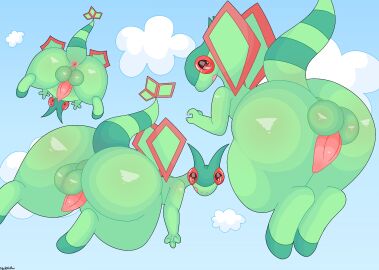 3_fingers anthro anus ass backsack balls ballsack big_ass big_butt claws cloud erection fangs fingers flygon generation_3_pokemon genitals green_body green_skin group hi_res looking_at_viewer looking_back looking_down looking_down_at_viewer male nintendo noirnoir open_mouth penis perineum pokemon pokemon_(species) raised_tail red_eyes sky tail teeth thick_thighs trio wings
