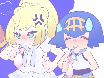 2girls anger_vein angry blonde_hair blue_hair blue_sky blush closed_eyes cloud condom dress drinking_straw female gokkun green_eyes kaikoinu lana_(pokemon) light-skinned_male light_skin lillie_(pokemon) long_hair male multiple_females multiple_girls pokemon pokemon_sm ponytail sky smile sweatdrop used_condom white_dress