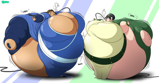 2girls air_inflation artist_name avatar_legends avatar_the_last_airbender bapho_(artist) black_hair earth_kingdom earthbender expansion female female_only hose hose_inflation hyper_fat immobile inflation katara morbidly_obese morbidly_obese_female multiple_females multiple_girls spherical_inflation toph_bei_fong water_tribe waterbender