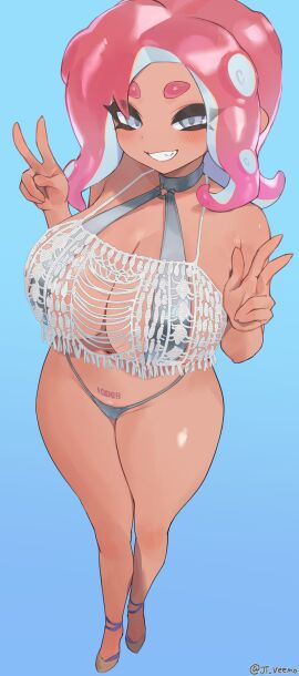 1girls absurd_res agent_8_(splatoon) belly big_breasts bikini blush breasts dark-skinned_female dark_skin eye_contact female female_only fringe_clothing grey_eyes grey_swimsuit half-closed_eyes heels jtveemo looking_at_viewer navel nintendo octoling open_mouth pink_hair pose prehensile_hair sharp_teeth sling_bikini smile solo splatoon splatoon_(series) swimsuit tattoo teeth tentacle tentacle_hair thick_thighs v_sign watermark wide_hips