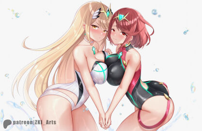2girls ahoge ass bare_shoulders blonde_hair blush breast_press breasts circlet core_crystal female large_breasts leaning leaning_forward long_hair looking_at_viewer multiple_females multiple_girls mythra one-piece_swimsuit orange_eyes pyra red_eyes red_hair short_hair sideboob smile swimsuit symmetrical_docking very_long_hair xenoblade_(series) xenoblade_chronicles_2 z-ki