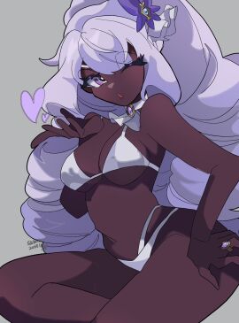 1girls artist_name big_hair bikini blowing_kiss breasts bright_pupils brooch choker cleavage clothing dark-skinned_female dark_skin drill_hair female flower gem grey_background grey_hair hair_flower hair_ornament hand_on_own_hip jacinthe_(pokemon) jewelry large_breasts long_hair looking_at_viewer medium_breasts navel one_eye_closed open_mouth pokemon_legends:_z-a purple_eyes purple_flower purple_hair ring satoro301 simple_background sitting solo swimsuit twin_drills very_dark_skin very_long_hair white_bikini white_pupils yukari_(pokemon)