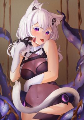 1girls ahoge animal_ears bangs bare_shoulders blurry blush breasts cat_ears cat_girl cat_tail catgirl chinese_clothes cleavage cleavage_cutout cowboy_shot eyebrows_visible_through_hair fangs female gloves hair_between_eyes hair_ornament hairclip long_hair looking_at_viewer medium_breasts navel open_mouth purple_eyes silver_hair sitting sleeveless smile solo squchan_(vtuber) standing tail tentacle tentacles tongue tongue_out virtual_youtuber vyugen white_hair