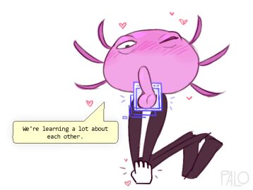 axolotl balls big_head blush cursor heart kinito kinitopet male non-human non-human_only palomine penis pink_skin text_box toony white_background wink
