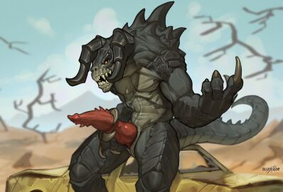 2024 animal_genitalia bethesda_softworks claws deathclaw digital_drawing_(artwork) digital_media_(artwork) erection fallout finger_claws foreskin genital_slit genitals hi_res horn knot male male_only outside penile_spines penis phinnherz scalie sitting solo tail teeth uncircumcised