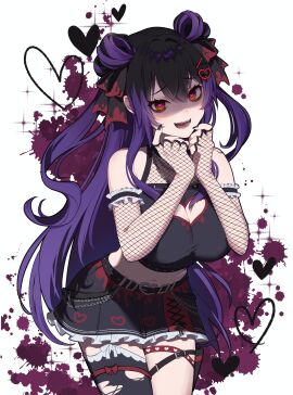 bangs bare_shoulders belt black_hair black_nails black_shirt black_skirt black_thighhighs blood_splatter blush breasts cleavage cleavage_cutout clothing_cutout cowboy_shot crop_top double_bun elbow_gloves female fingerless_gloves fishnets frilled_skirt frills gloves hair_bun hair_ornament hair_ribbon heart heart-shaped_pupils heart_cutout kurumi_(vtuber) large_breasts leaning_forward long_hair looking_at_viewer midriff miniskirt multicolored_hair nail_polish navel open_mouth pleated_skirt purple_hair red_eyes ribbon shaded_face shirt single_thighhigh skirt sleeveless smile solo symbol-shaped_pupils thigh_strap thighhighs torn_clothes torn_thighhighs very_long_hair virtual_youtuber yandere