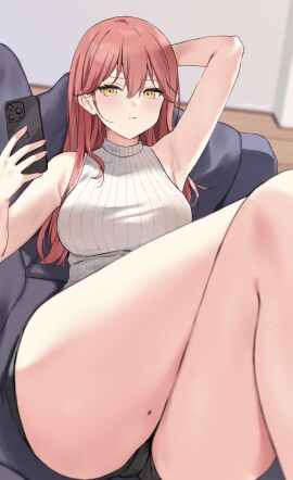 1girls absurd_res absurdres adult arm_above_head arm_behind_head arm_up armpits ass bare_armpits bare_arms bare_calves bare_hands bare_knees bare_legs bare_shoulders bare_skin bare_thighs black_shorts blue_sofa blurred_background blurry_background breasts crossed_legs dot_nose elbows female female_focus female_only fingernails fingers frown frown_eyebrows frowning groin hair_between_eyes hand_above_head hand_behind_head hand_up high_resolution highres indoor indoors iphone kaetzchen knees legs legs_crossed light-skinned_female light_skin liliya_(kaetzchen) lips long_hair looking_at_viewer medium_breasts mole mole_on_thigh nail nail_polish original original_art original_artwork original_character phone pink_fingernails pink_nail pink_nail_polish red-haired_female red_hair shorts shoulders slender_body slender_waist slim_female slim_waist sofa solo thick_ass thick_thighs thighs thin_waist upper_body v-line yellow-eyed_female yellow_eyes