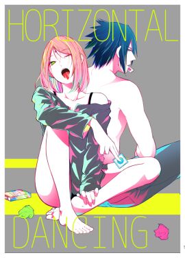 1boy 1girls back-to-back barefoot black_bra black_eyes black_hair black_panties black_pants boruto:_naruto_next_generations bra closed_mouth condom_wrapper condoms english_text female flavored_condom green_eyes grey_background grey_shirt holding husband_and_wife light-skinned_female light-skinned_male light_skin long_sleeves male naruto naruto_(series) ohringood one_eye_closed open_mouth panties pants pink_hair sakura_haruno sasuke_uchiha shirt short_hair soles spiked_hair toes tongue tongue_out topless_male uchiha_sasuke underwear unopened_condom_wrapper used_tissue