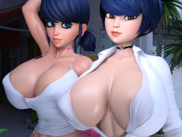 2girls 3d absurd_res alternate_breast_size asian asian_female big_breasts blue_eyes blue_hair breasts brown_eyes busty choker cleavage curvy duo female female_only friends giant_breasts highres huge_breasts kagami_tsurugi marinette_dupain-cheng miraculous:_tales_of_ladybug_and_cat_noir miraculous_ladybug multiple_females multiple_girls outfit pigtails ruidx schoolgirl shirt short_hair skimpy_clothes tank_top