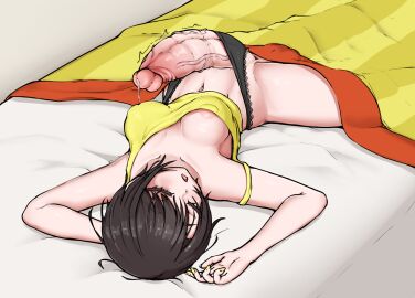 1futa areola_slip arms_up balls bangs bed black_panties breasts brown_hair clothed clothing covered_nipples erection futa_only futanari gigantic_penis hololive hololive_japan human intersex lace lace-trim_panties large_breasts light-skinned_futa light_skin lying morning_wood mostly_nude nail_polish on_back oozora_subaru panties penis penis_out precum precum_drip rulean shirt short_hair sleeping solo spread_legs strap_slip tank_top under_covers upside-down veiny_penis virtual_youtuber yellow_nails yellow_shirt