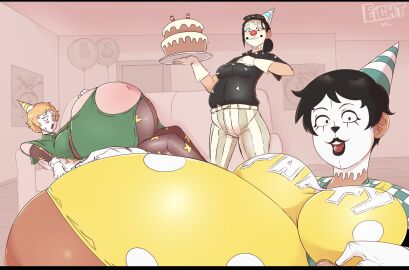 3girls belly big_belly bloated_belly breasts cake clown_girl couch dana_(eightxl) eightxl female fizz_(eightxl) huge_belly multiple_females multiple_girls tina_(eightxl)