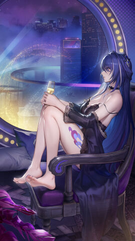 1girls absurdres acheron_(honkai:_star_rail) ankles arms bangs barely_clothed bell_choker breasts chair city city_background cityscape cleavage collarbone dress drink drinking feet feet_focus feet_on_chair feet_together female foot_fetish foot_focus fringe hair_covering_eye hair_covering_eyes hair_highlights hands_on_knees highres hle honkai:_star_rail honkai_(series) hoyoverse le_(huanglongen) legs light_clothing lingerie lips long_dress long_hair long_legs mihoyo night night_sky nightdress nightgown nighttime nose purple_hair scenery shoulders sitting sitting_down sitting_on_chair tattoo thick_thighs thigh_tattoo thighs white_highlights wine wine_glass