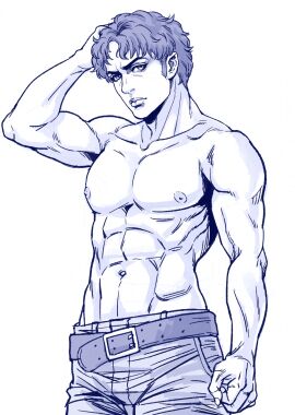 arm_up curly_hair fear_and_hunger fear_and_hunger:_termina hand_on_head looking_at_viewer male male_only marcoh_(fear_and_hunger) monochrome muscular muscular_male solo topless topless_male yoshinaga_yuki3