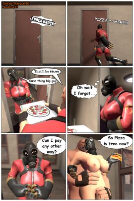 1boy 1girls alzobine22 big_breasts breasts comic dialogue female fempyro food garry's_mod heavy_(team_fortress_2) heavy_weapons_guy male masked_female pizza pizza_box pizza_delivery pizza_slice speech_bubble straight team_fortress_2