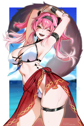 absurdres alternate_costume armlet armpits arms_up artist_name bikini black_bow blue_sky blurry blurry_background border bow breasts cleavage commentary day earrings english_commentary female hair_between_eyes hair_ornament hairband hairbow halterneck highleg highleg_bikini highres jewelry large_breasts light_blush looking_at_viewer lupa_(wuthering_waves) metal_hairband multi-strapped_bikini_bottom multiple_hair_bows navel one_eye_closed open_mouth outdoors paid_reward_available pink_hair red_sarong sarong sky smile solo stomach swimsuit tacet_mark_(wuthering_waves) tail teeth thighlet thighs tofuubear upper_teeth_only wet white_bikini white_border wolf_tail wrist_guards wuthering_waves yellow_eyes