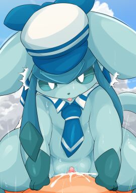absurd_res blue_body blue_eyes blush bodily_fluids clothed clothing cowgirl_position cum cum_in_pussy cum_inside eeveelution female female_on_top female_penetrated feral from_front_position generation_4_pokemon genital_fluids genitals glaceon hi_res male male/female male_penetrating male_penetrating_female necktie nintendo on_bottom on_top penetration penile penile_penetration penis penis_in_pussy pokemon pokemon_(species) pokemon_cafe_mix pussy sex thick_thighs type vaginal_penetration