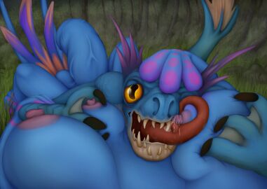 1boy 1futa 2025 4yd0_yctahobka anthro balls blue_body bodily_fluids breast_grab breast_play breast_suck breasts dota dota_2 duo first_person_view fish futa_transformation futanari genitals grass hand_on_breast hand_on_head herm hi_res humanoid_genitalia humanoid_penis intersex lactating long_tongue lying male marine multi_breast on_back penis plant pov puck_(faerie_dragon) rule_63 scalie slark_the_nightcrawler sucking tail tongue