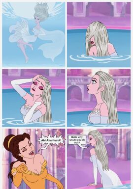 2girls beauty_and_the_beast_(1991_film) belle_(beauty_and_the_beast) breasts clothing comic crossover disney disney_princess dress elsa_(frozen) female frozen_(film) laughing serisabibi small_breasts underwater water wet_clothes wet_clothing