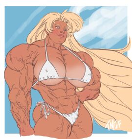 1girls abs big_hair blonde_hair breasts broad_shoulders female huge_breasts hyper_muscles muscles muscular muscular_female smile standing tan_skin tanned_female tetsuko tmgf veiny_muscles very_long_hair white_bikini