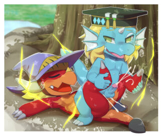 3_fingers anal anal_sex anthro ass blue_body blush bodily_fluids bushiroad claws closed_eyes clothing countershading cum cum_in_ass cum_inside cum_splatter cumshot dragon drum_bunker_dragon duo ejaculation facial_horn fin finger_claws fingers forehead_horn future_card_buddyfight genital_fluids genitals glans graduation_cap green_eyes hat hat_only head_fin headgear headgear_only headwear headwear_only horn humanoid_genitalia humanoid_penis looking_at_another looking_at_partner looking_back looking_back_at_another looking_back_at_partner lying male male/male mostly_nude mythological_creature mythological_scalie mythology narrowed_eyebrows narrowed_eyes nose_horn ofuro on_back on_bottom on_top open_mouth orange_body orange_countershading penetration penile penile_penetration penis penis_in_ass pink_glans purple_witch_hat qinus_axia red_body reverse_cowgirl_position scalie sex toe_claws white_claws white_horn yellow_horn