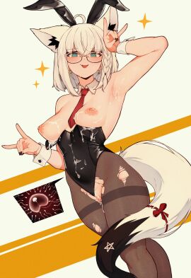 1girls absurdres ahoge animal_ears armpit_focus armpit_hair armpits black-framed_eyewear black_leotard black_nails blue_eyes braid breasts clothing_aside commentary cowboy_shot crossed_bangs cum cum_in_pussy cum_on_armpits cum_on_body cumdrip detached_collar double_fox_shadow_puppet dutch_angle earrings english_commentary fake_animal_ears female female_only female_pubic_hair fingernails fox_ears fox_shadow_puppet fox_tail glasses hair_between_eyes hand_up highres hololive hololive_gamers hololive_gen_1 hololive_japan jewelry leotard leotard_aside medium_breasts medium_hair necktie open_mouth pantyhose pentagram playboy_bunny presenting_armpit pubic_hair pubic_hair_peek pussy rabbit_ears red_necktie red_ribbon ribbon ring shirakami_fubuki smile solo sparkle sweat tail tongue tongue_out torn_clothes torn_pantyhose varniskarnis virtual_youtuber wedding_ring white_hair white_pubic_hair wrist_cuffs